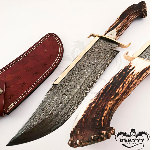 Damascus Steel Bowie knife with Stag Horn handle