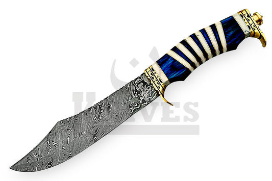 Damascus Steel Shamshir bowie with Blue Pakka Wood handle