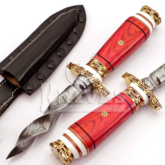 Damascus Steel Kris Dagger with Red Pakka Wood Handle