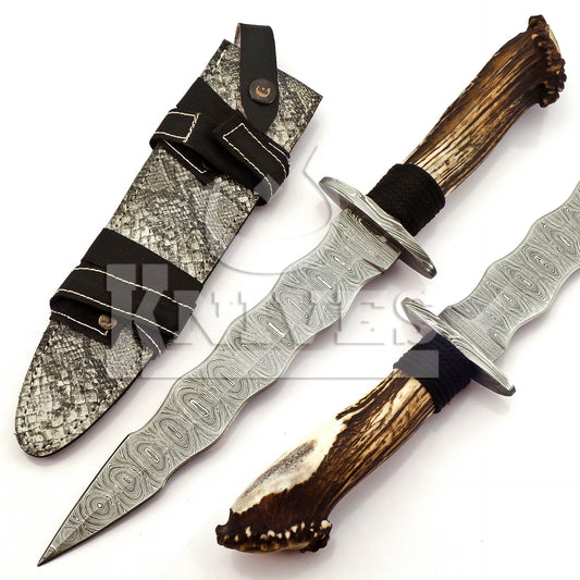 Damascus Steel Wavy Dagger with Stag Horn Handle