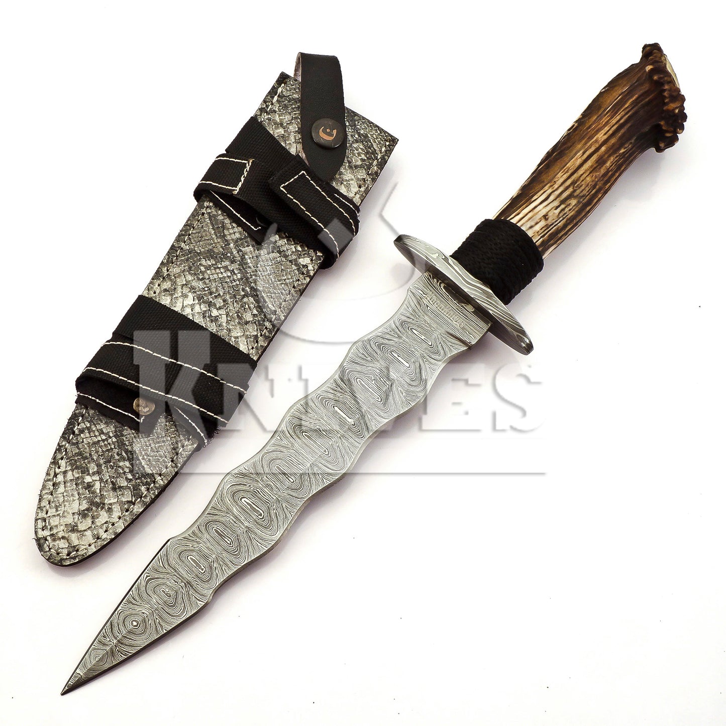 Damascus Steel Wavy Dagger with Stag Horn Handle