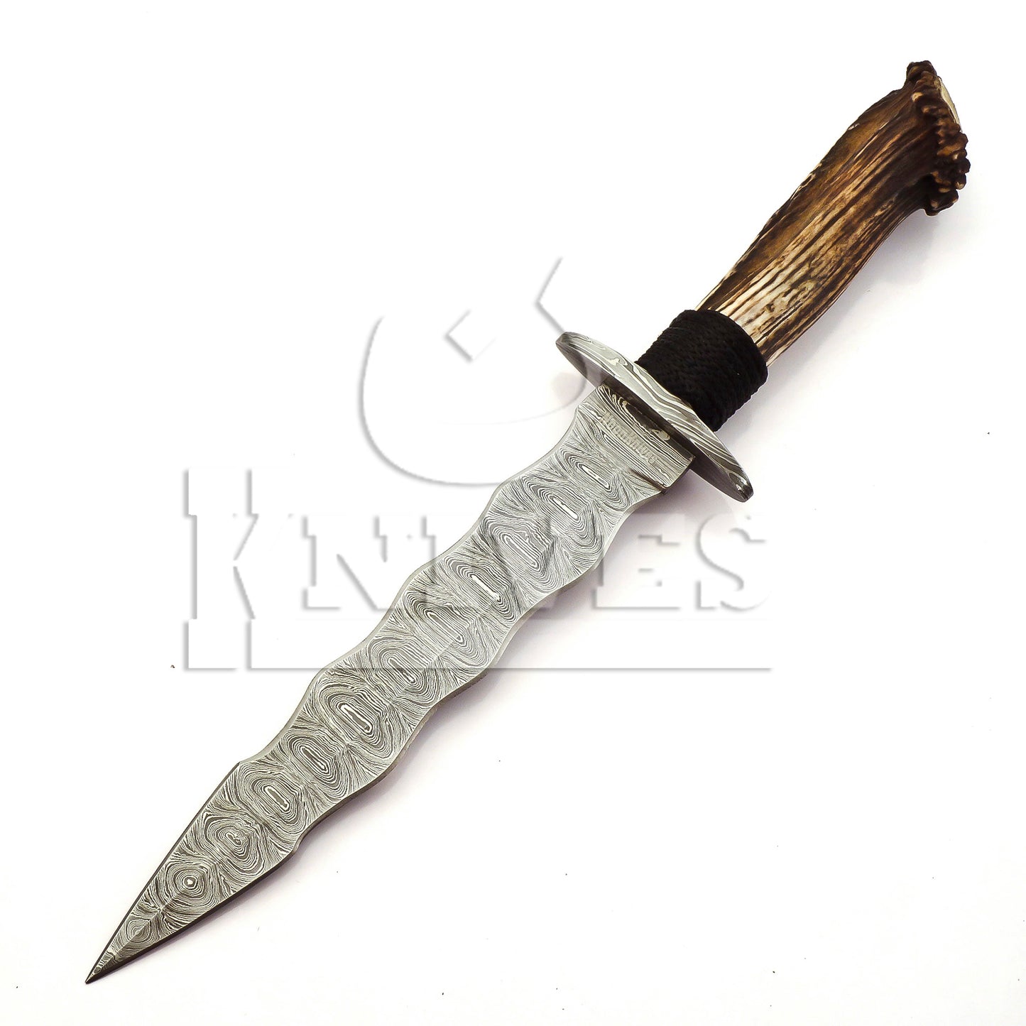 Damascus Steel Wavy Dagger with Stag Horn Handle