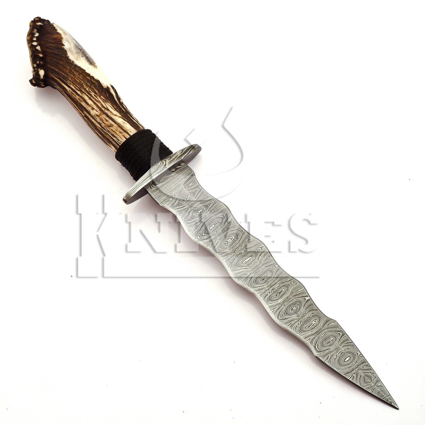 Damascus Steel Wavy Dagger with Stag Horn Handle