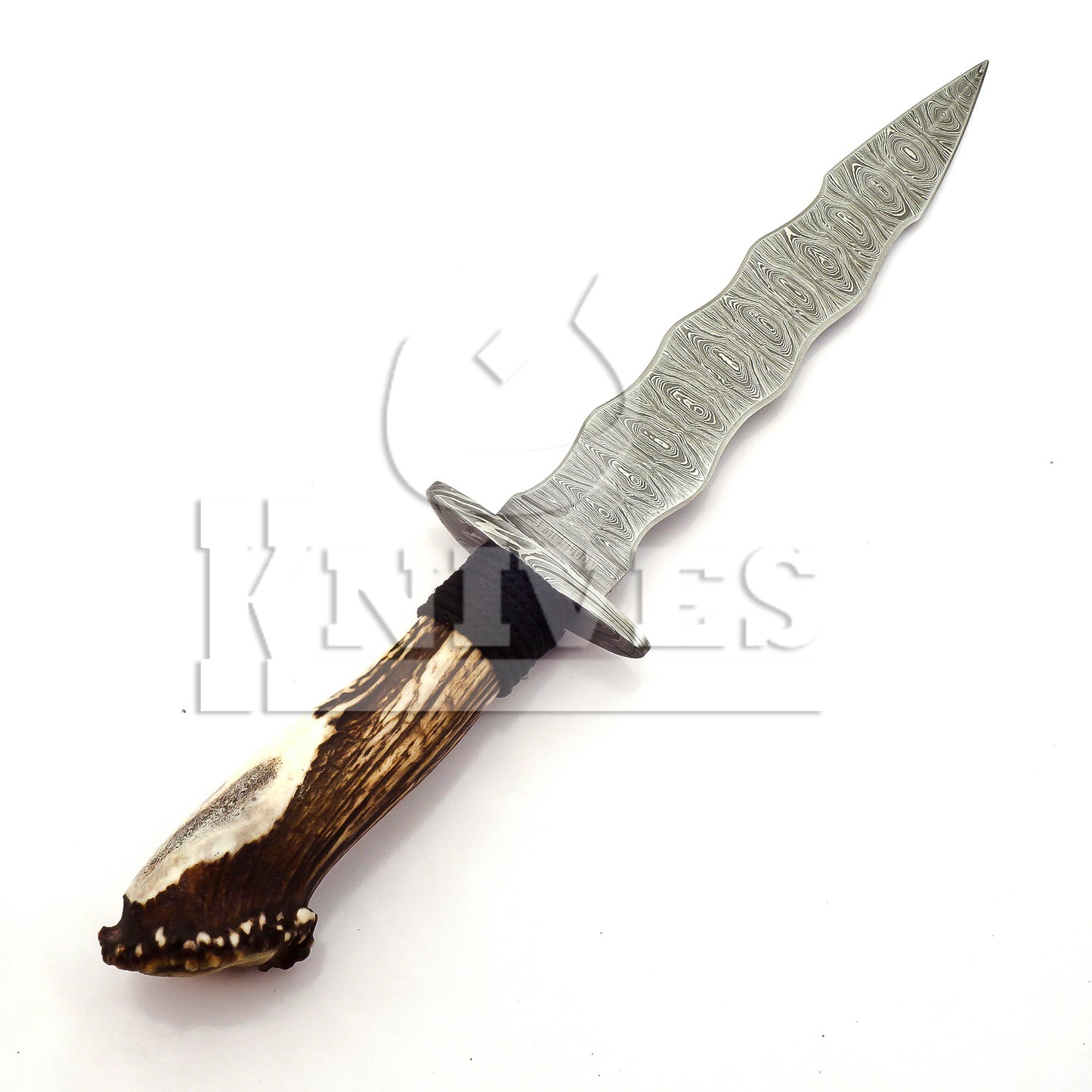 Damascus Steel Wavy Dagger with Stag Horn Handle