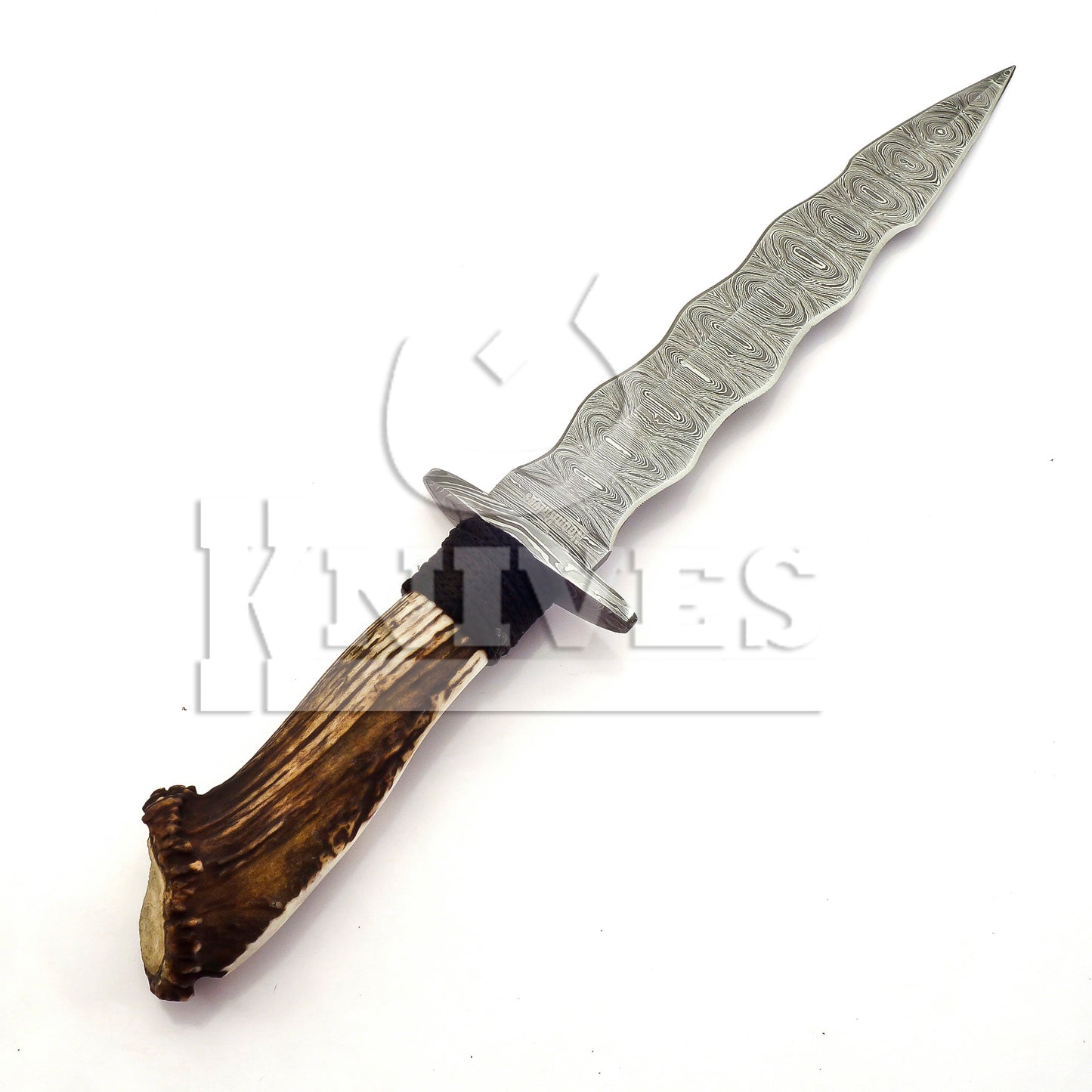 Damascus Steel Wavy Dagger with Stag Horn Handle