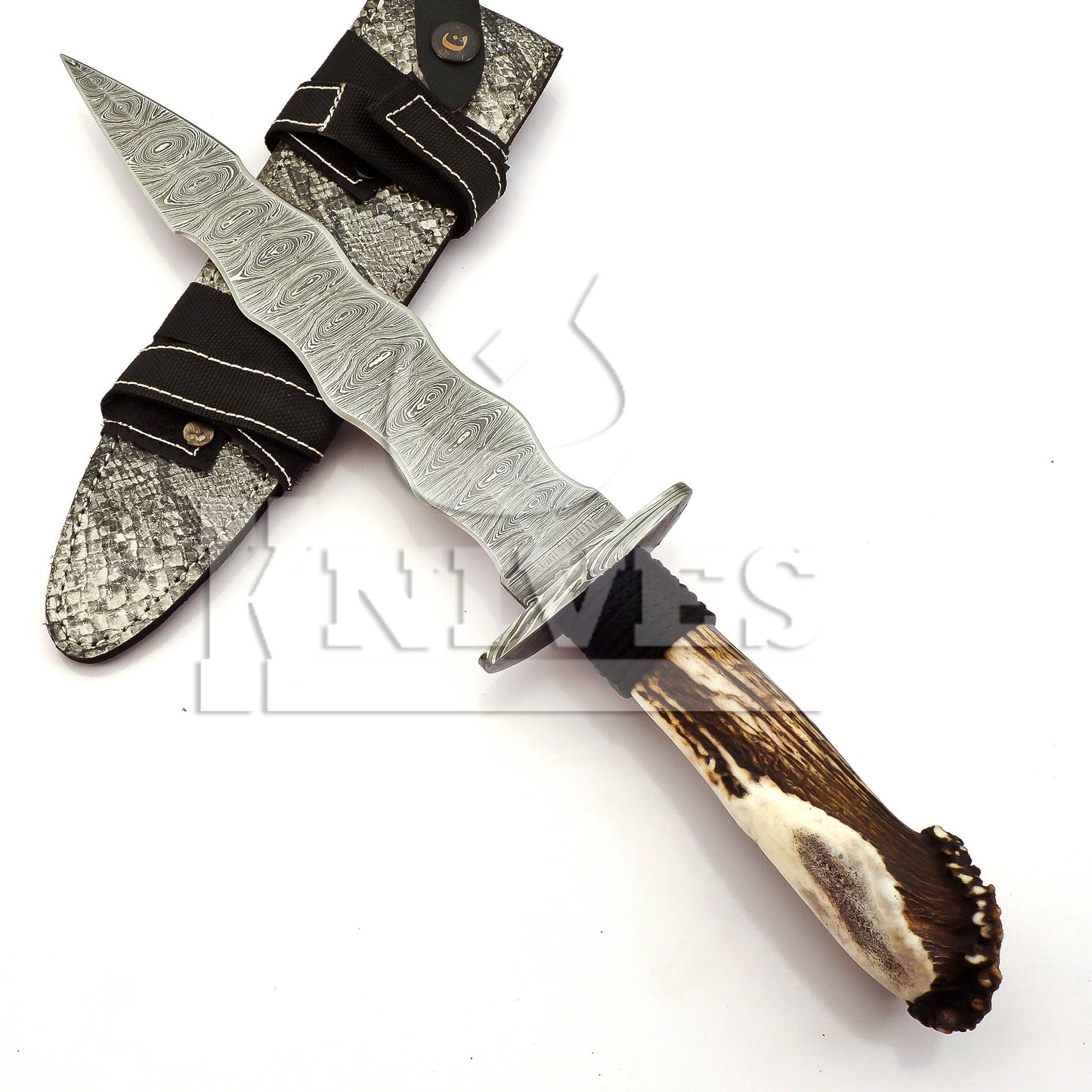 Damascus Steel Wavy Dagger with Stag Horn Handle