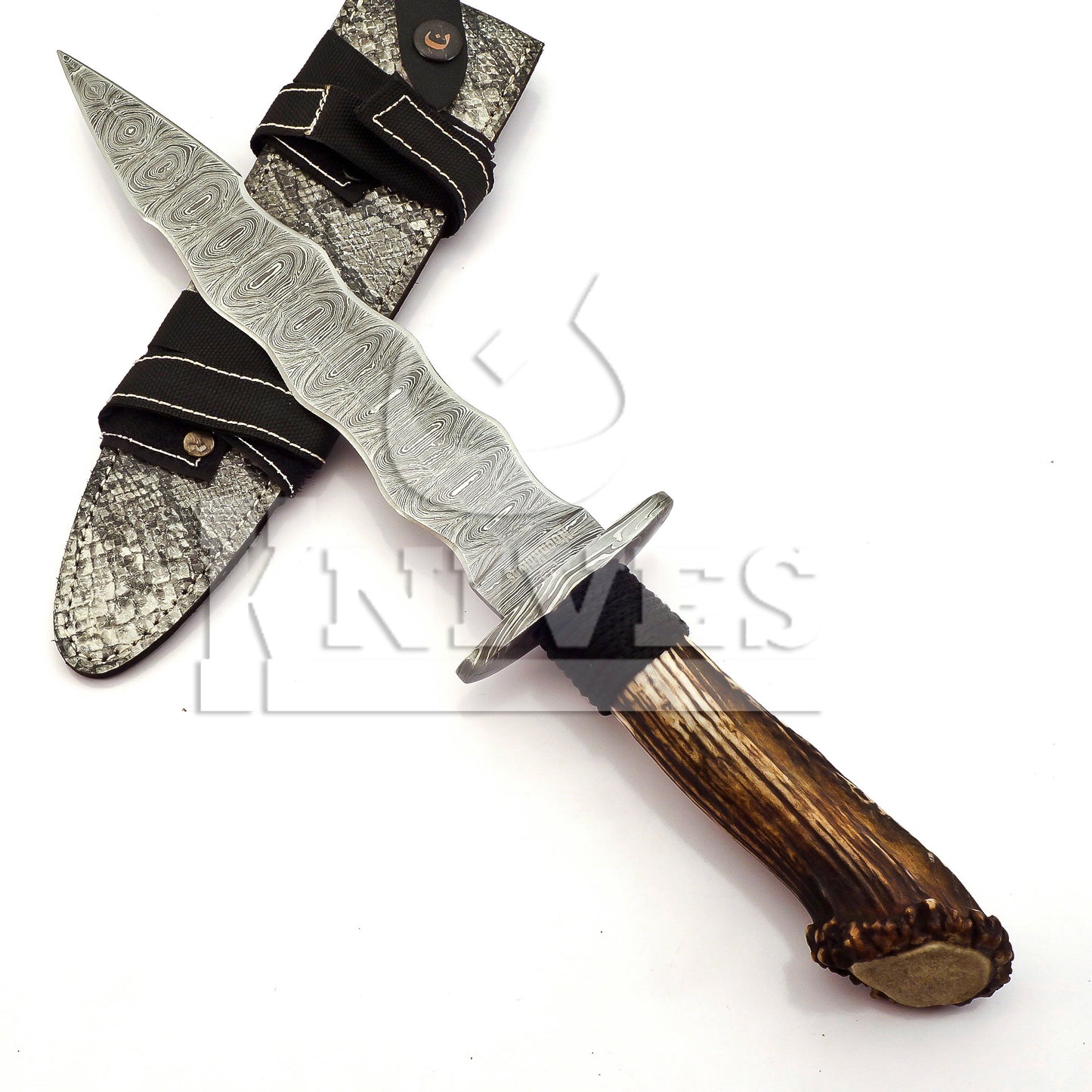 Damascus Steel Wavy Dagger with Stag Horn Handle