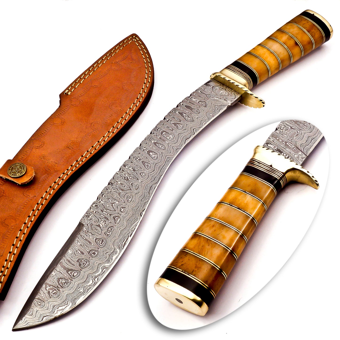 Damascus Steel Kukri knife with wood handle.