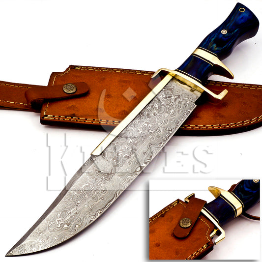 Damascus Steel Texas Bowie with Blue Pakka Wood Handle