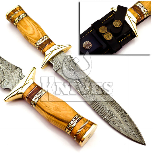 Damascus Steel Dagger with Olive Wood Handle