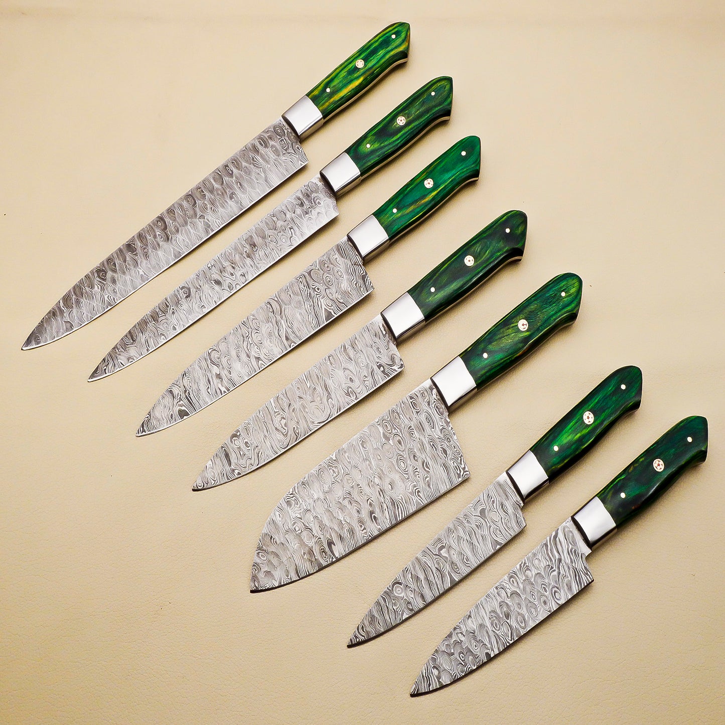 Damascus Steel Kitchen / Chef Knives set with Green Pakka Wood