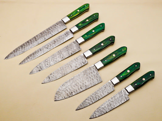 Damascus Steel Kitchen / Chef Knives set with Green Pakka Wood