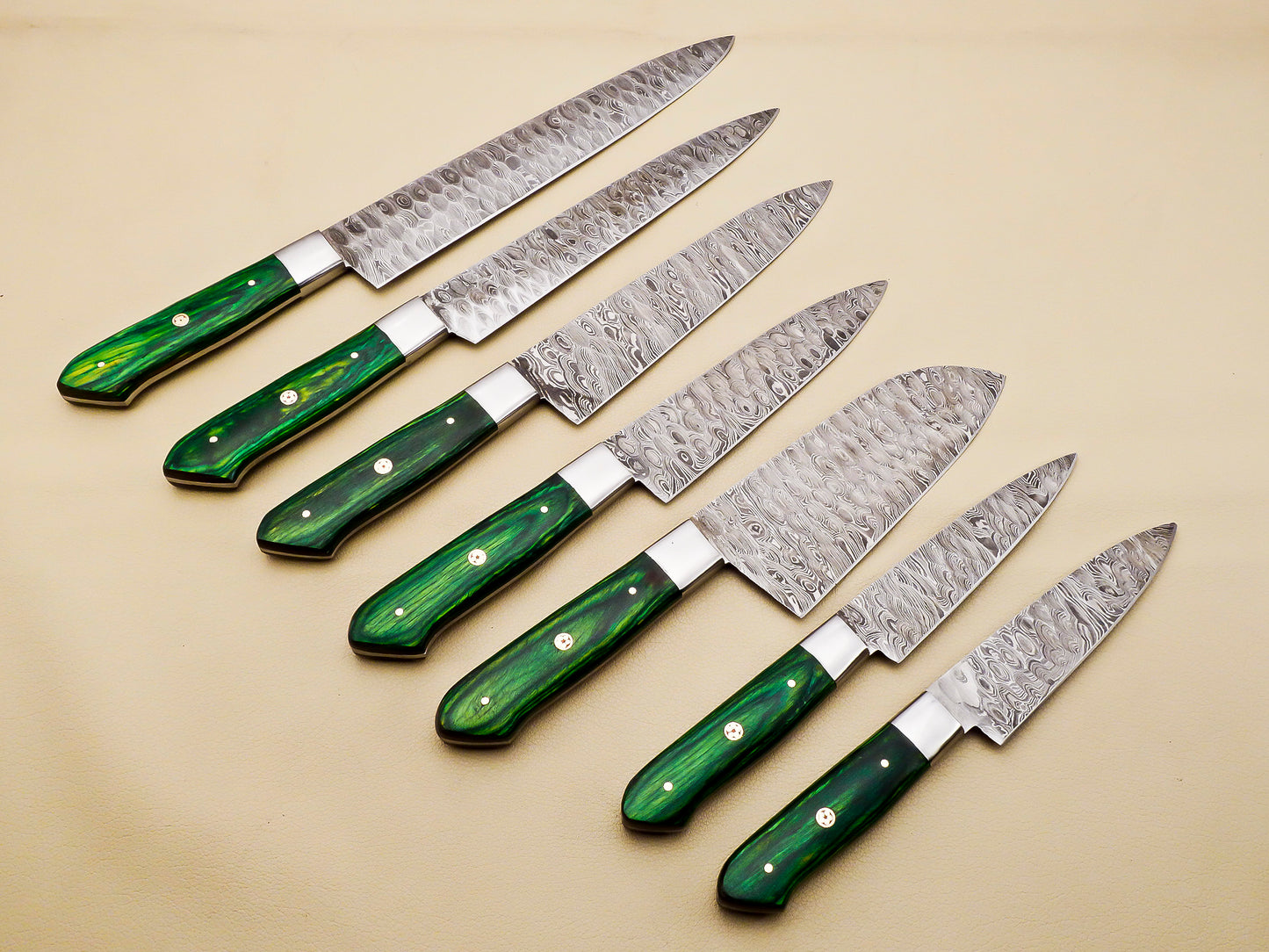 Damascus Steel Kitchen / Chef Knives set with Green Pakka Wood