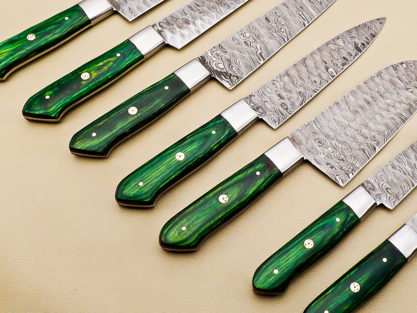 Damascus Steel Kitchen / Chef Knives set with Green Pakka Wood