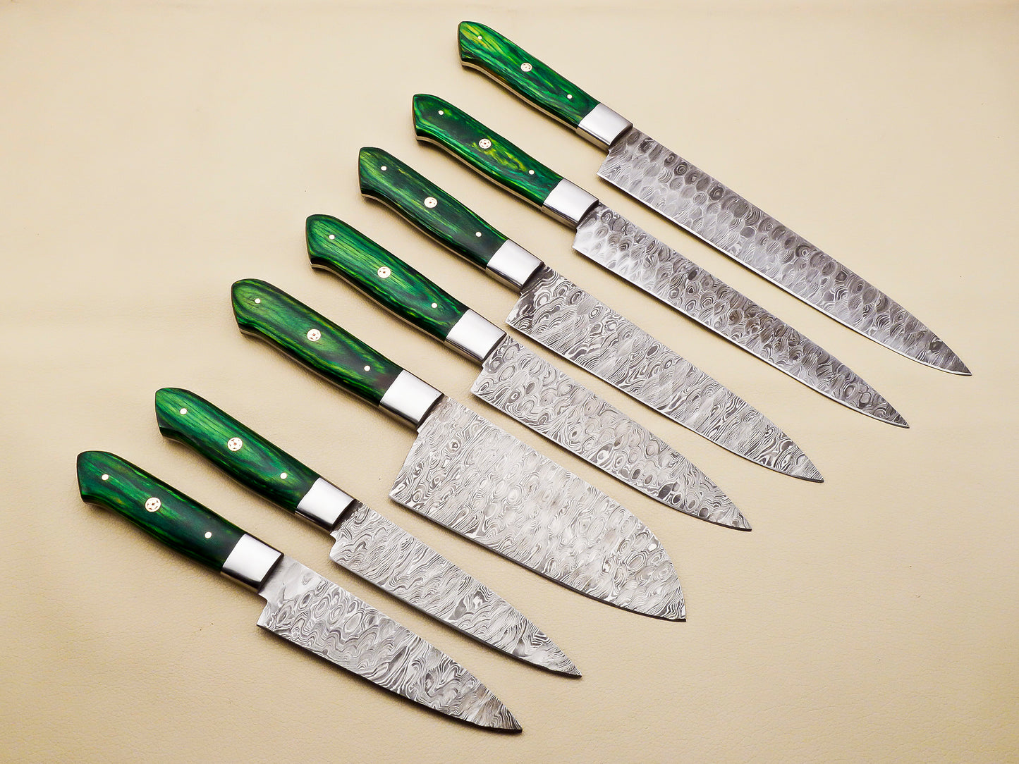 Damascus Steel Kitchen / Chef Knives set with Green Pakka Wood