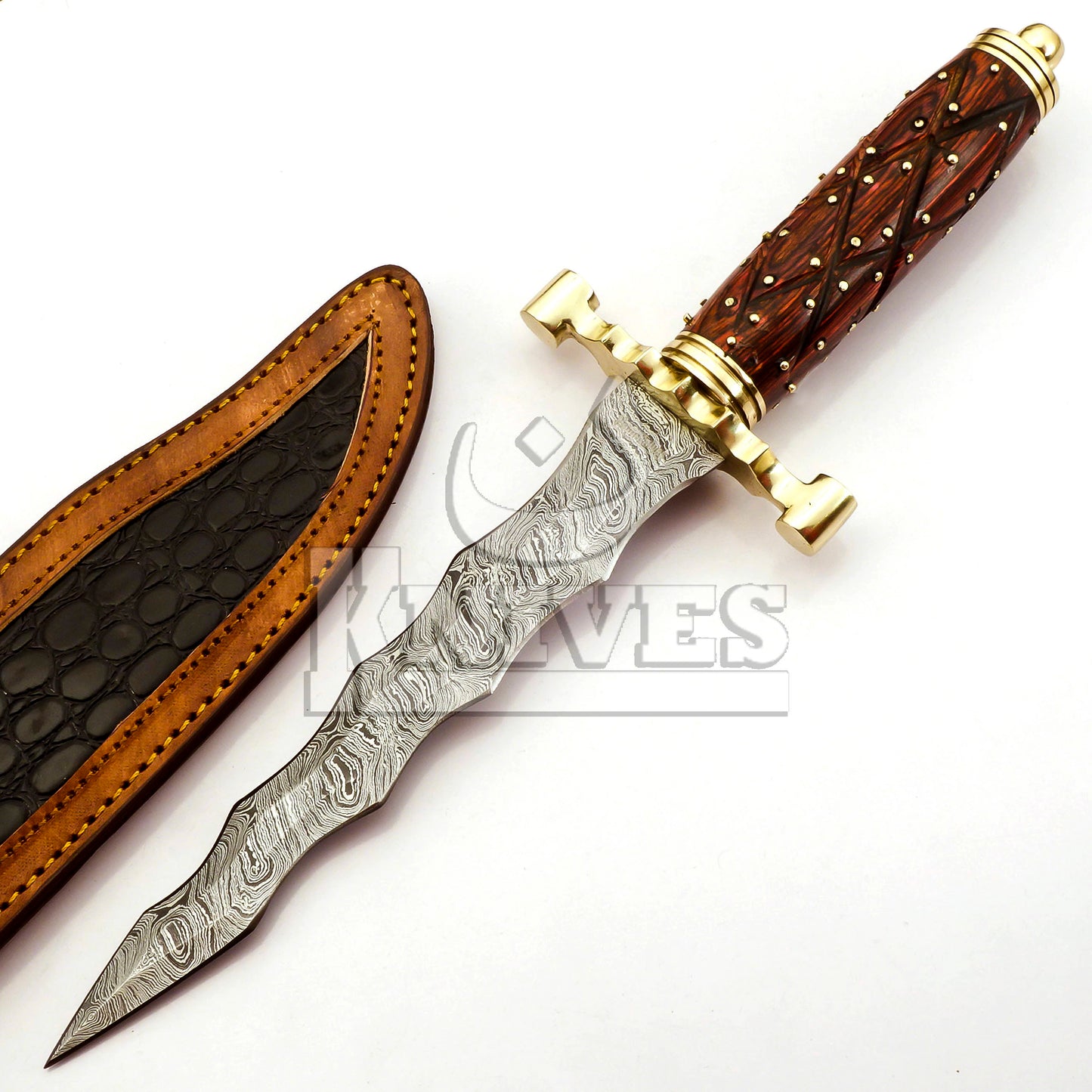 Damascus Steel Dagger with Wood with Aluminium Bolsters Handle