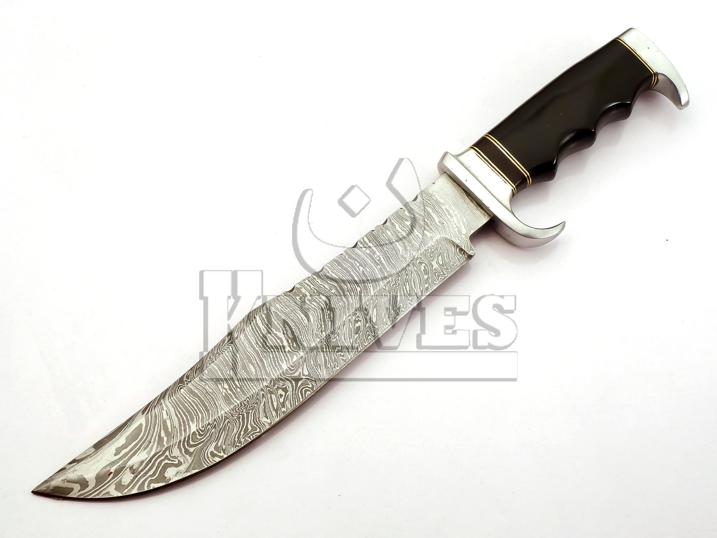 Damascus Steel Hunting Bowie with Bull Horn Handle