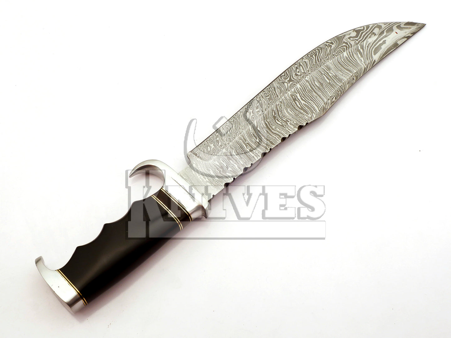 Damascus Steel Hunting Bowie with Bull Horn Handle