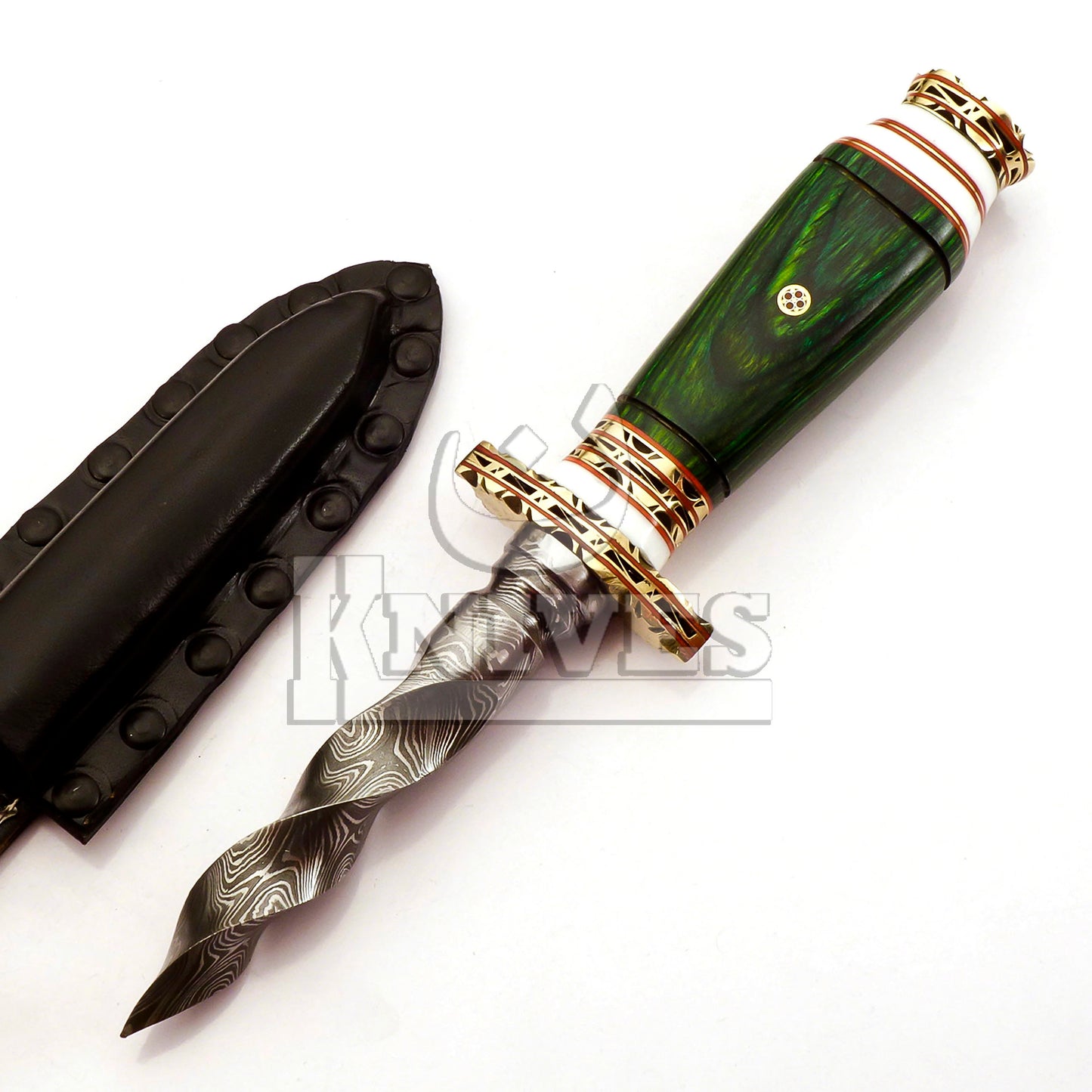 Damascus Steel Dagger with Kris Green Pakka Wood Handle