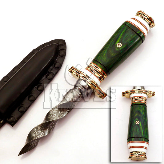 Damascus Steel Dagger with Kris Green Pakka Wood Handle