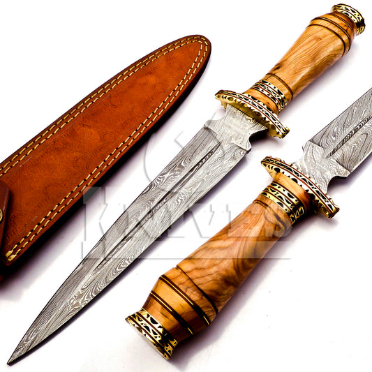 Damascus Steel Dagger with Olive Wood Handle