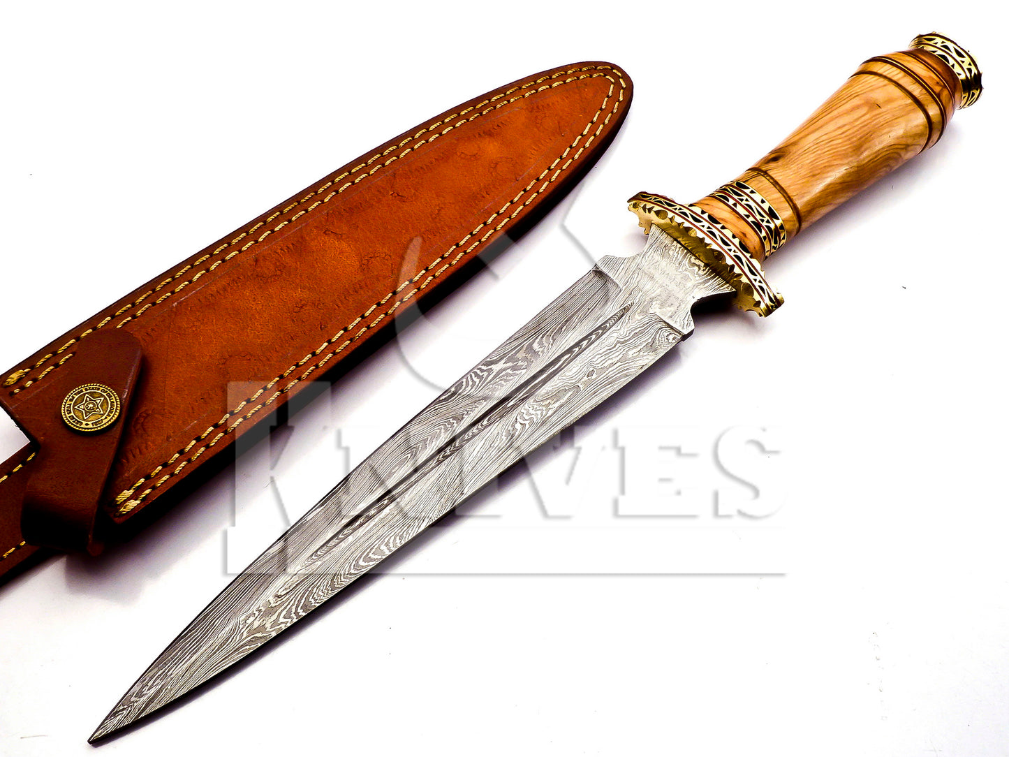 Damascus Steel Dagger with Olive Wood Handle