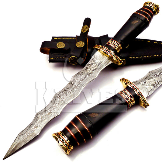 Damascus Steel Wavy Dagger with Bull Horn Handle