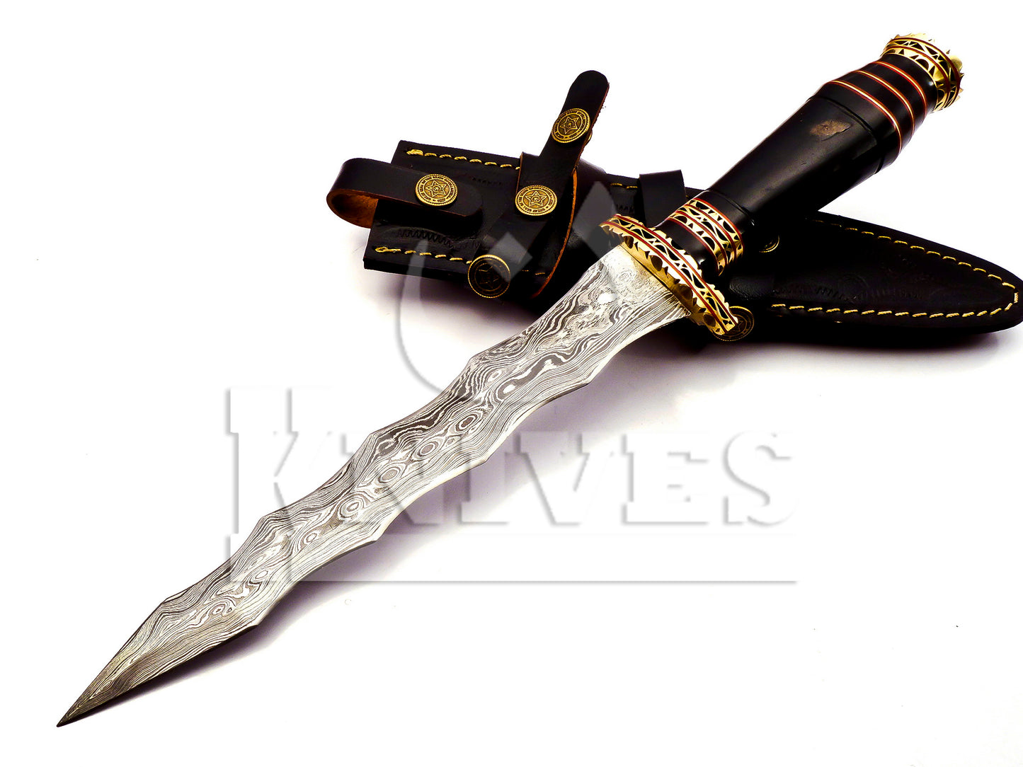 Damascus Steel Wavy Dagger with Bull Horn Handle