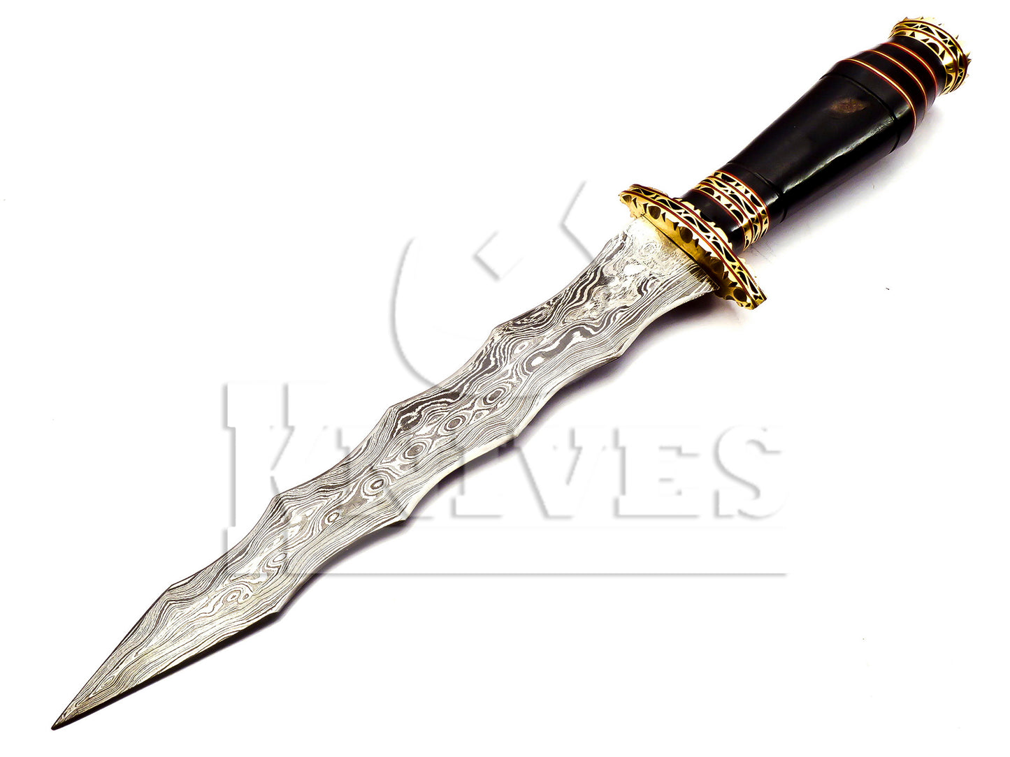 Damascus Steel Wavy Dagger with Bull Horn Handle