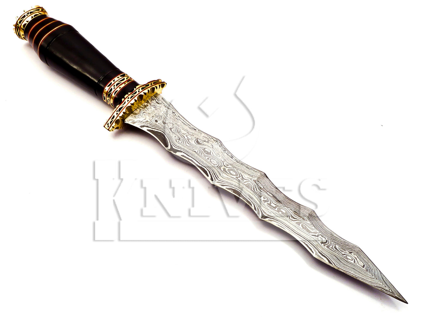 Damascus Steel Wavy Dagger with Bull Horn Handle