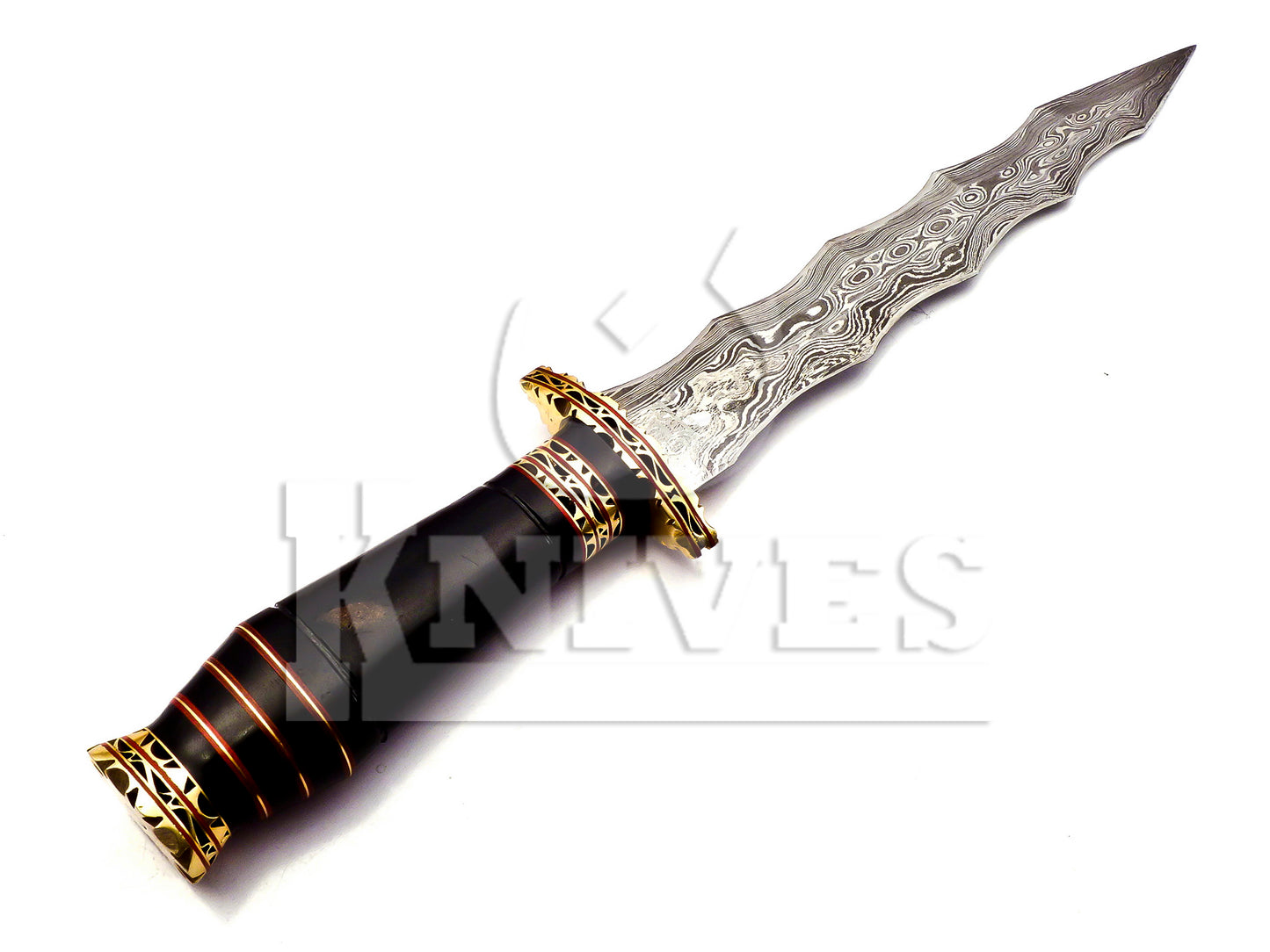 Damascus Steel Wavy Dagger with Bull Horn Handle