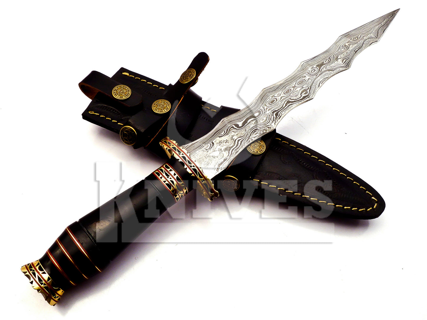 Damascus Steel Wavy Dagger with Bull Horn Handle