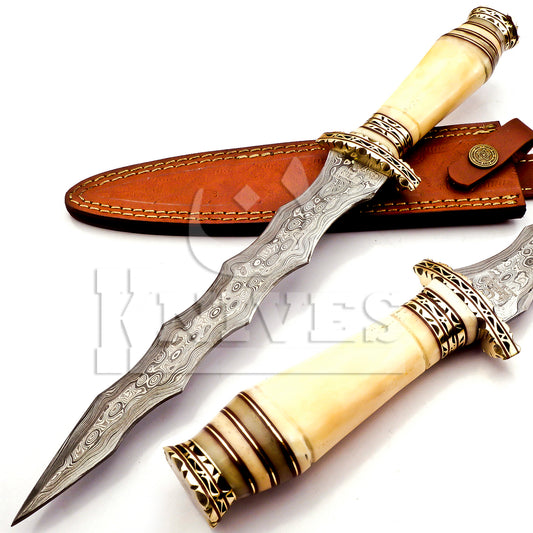 Damascus Steel Wavy Dagger with Camel Bone Handle