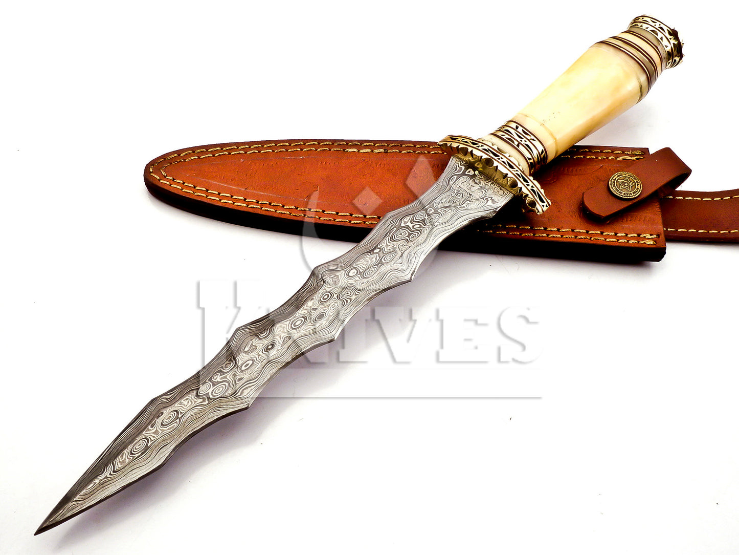 Damascus Steel Wavy Dagger with Camel Bone Handle