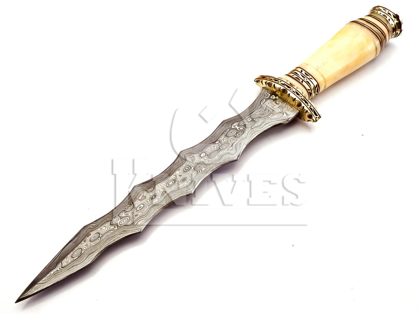 Damascus Steel Wavy Dagger with Camel Bone Handle