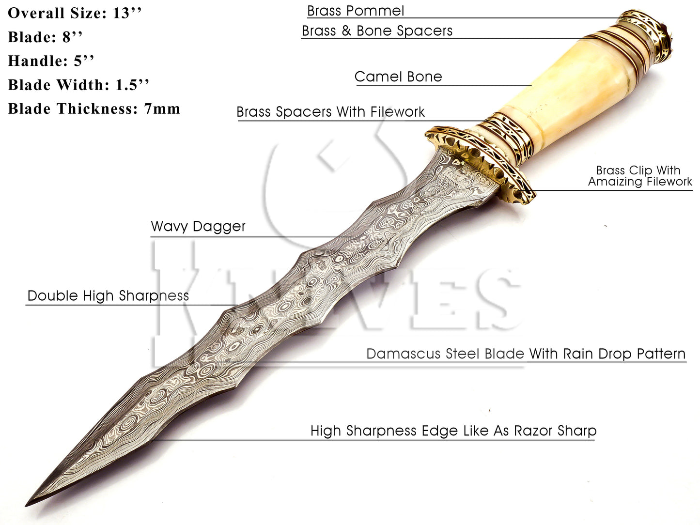 Damascus Steel Wavy Dagger with Camel Bone Handle