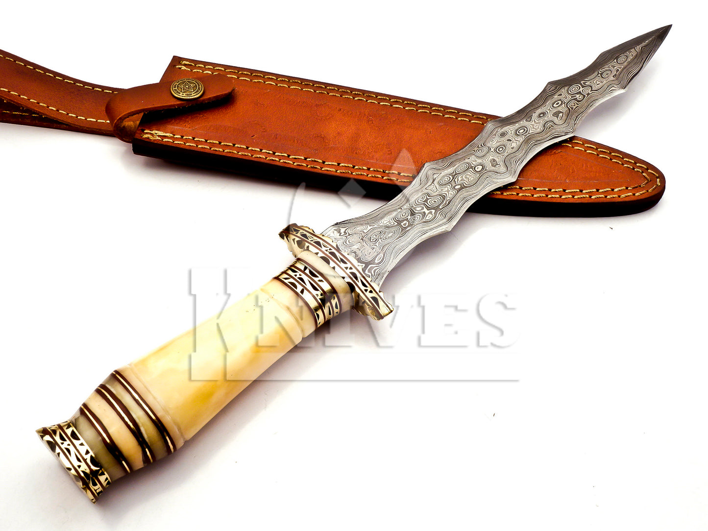 Damascus Steel Wavy Dagger with Camel Bone Handle