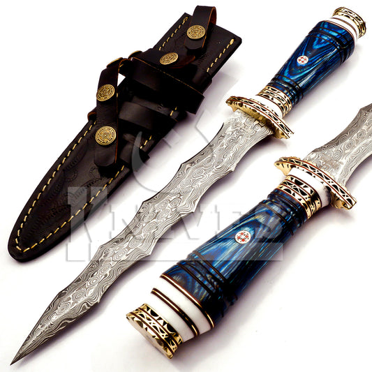 Damascus Steel Wavy Dagger with Blue Pakka Wood