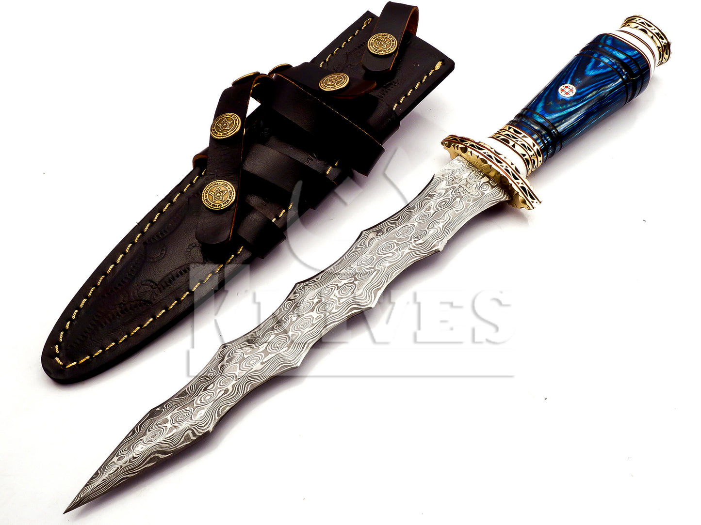 Damascus Steel Wavy Dagger with Blue Pakka Wood