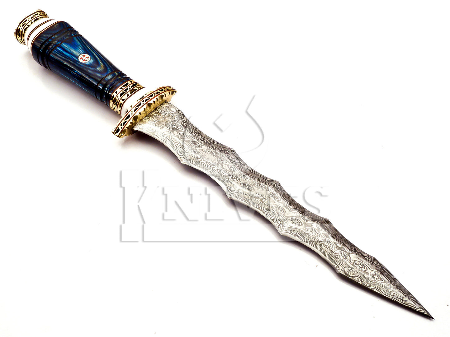 Damascus Steel Wavy Dagger with Blue Pakka Wood