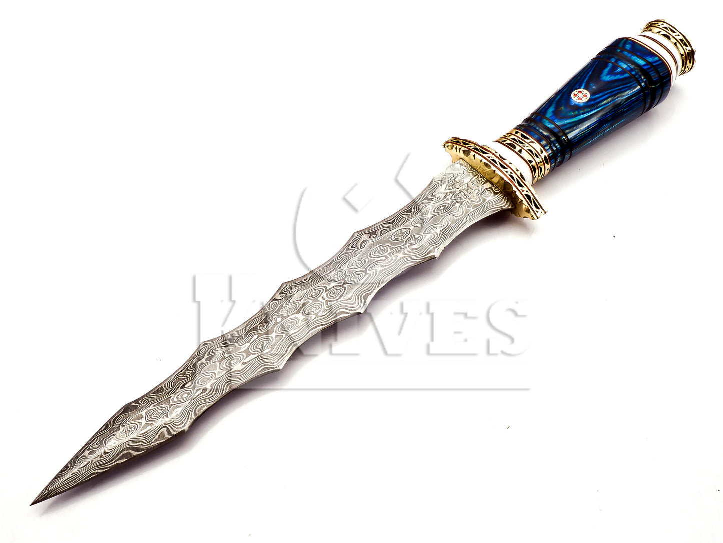 Damascus Steel Wavy Dagger with Blue Pakka Wood