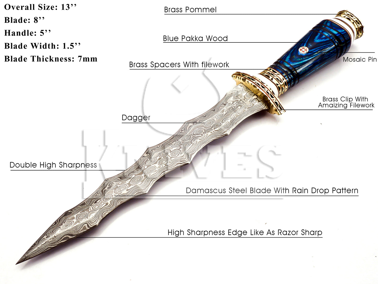 Damascus Steel Wavy Dagger with Blue Pakka Wood