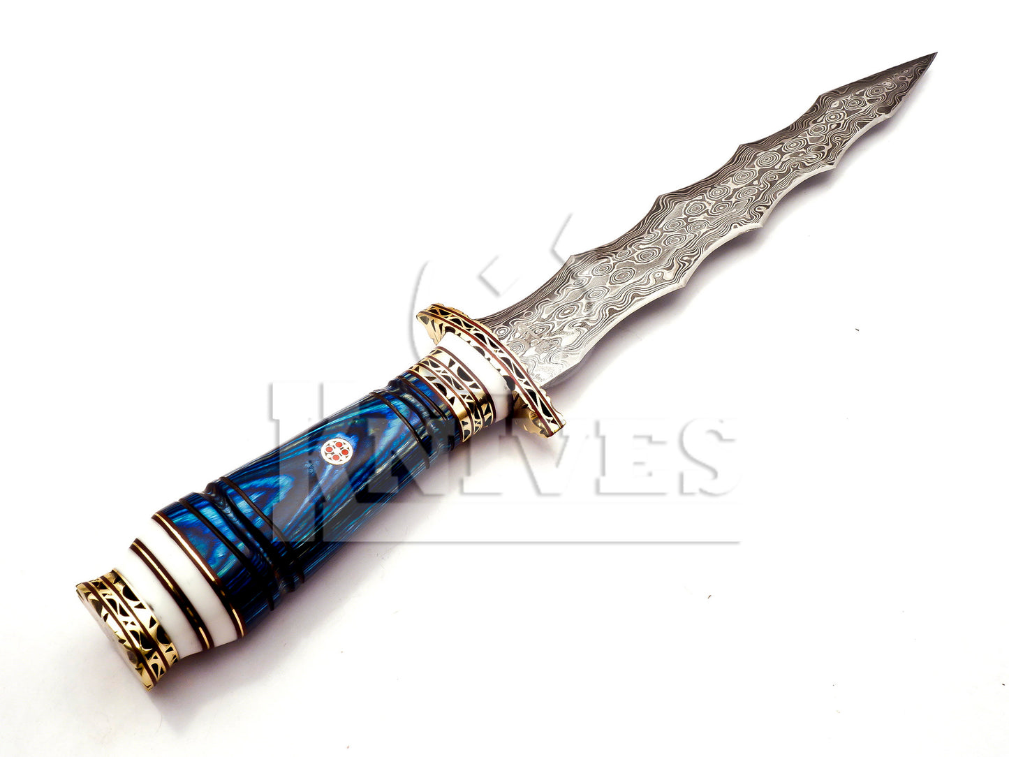 Damascus Steel Wavy Dagger with Blue Pakka Wood