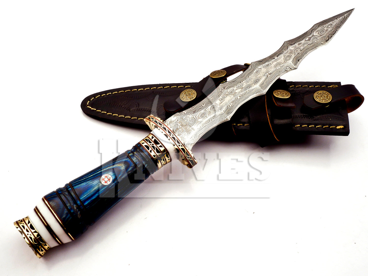 Damascus Steel Wavy Dagger with Blue Pakka Wood