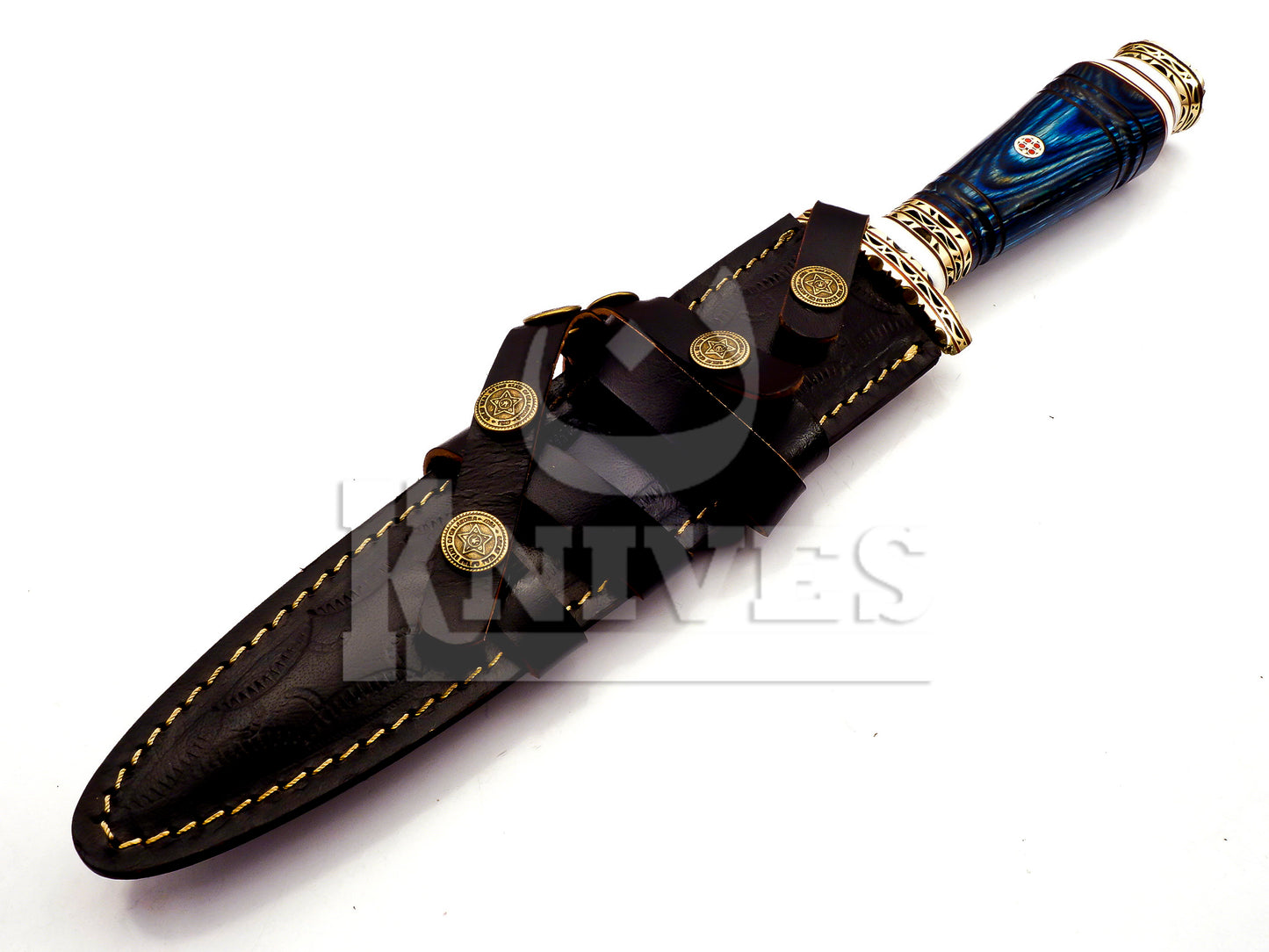 Damascus Steel Wavy Dagger with Blue Pakka Wood