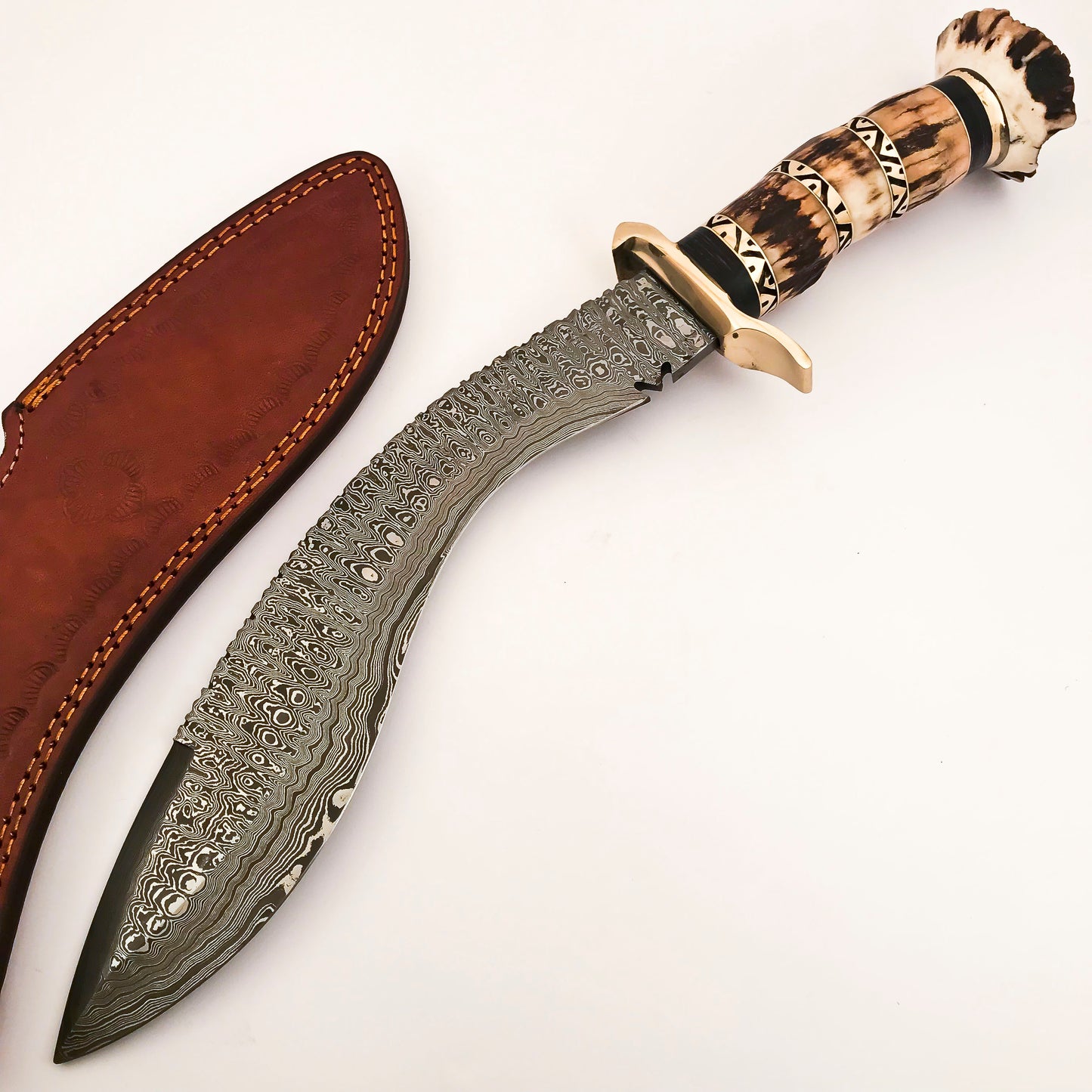 Damascus Steel Kukri Knife with Stag Horn