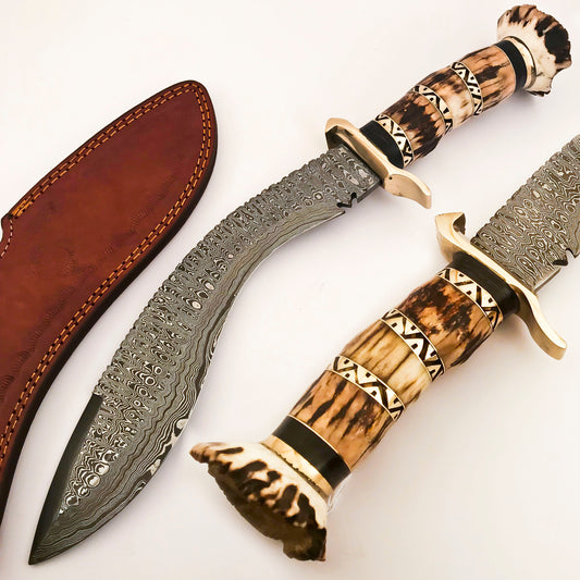 Damascus Steel Kukri Knife with Stag Horn