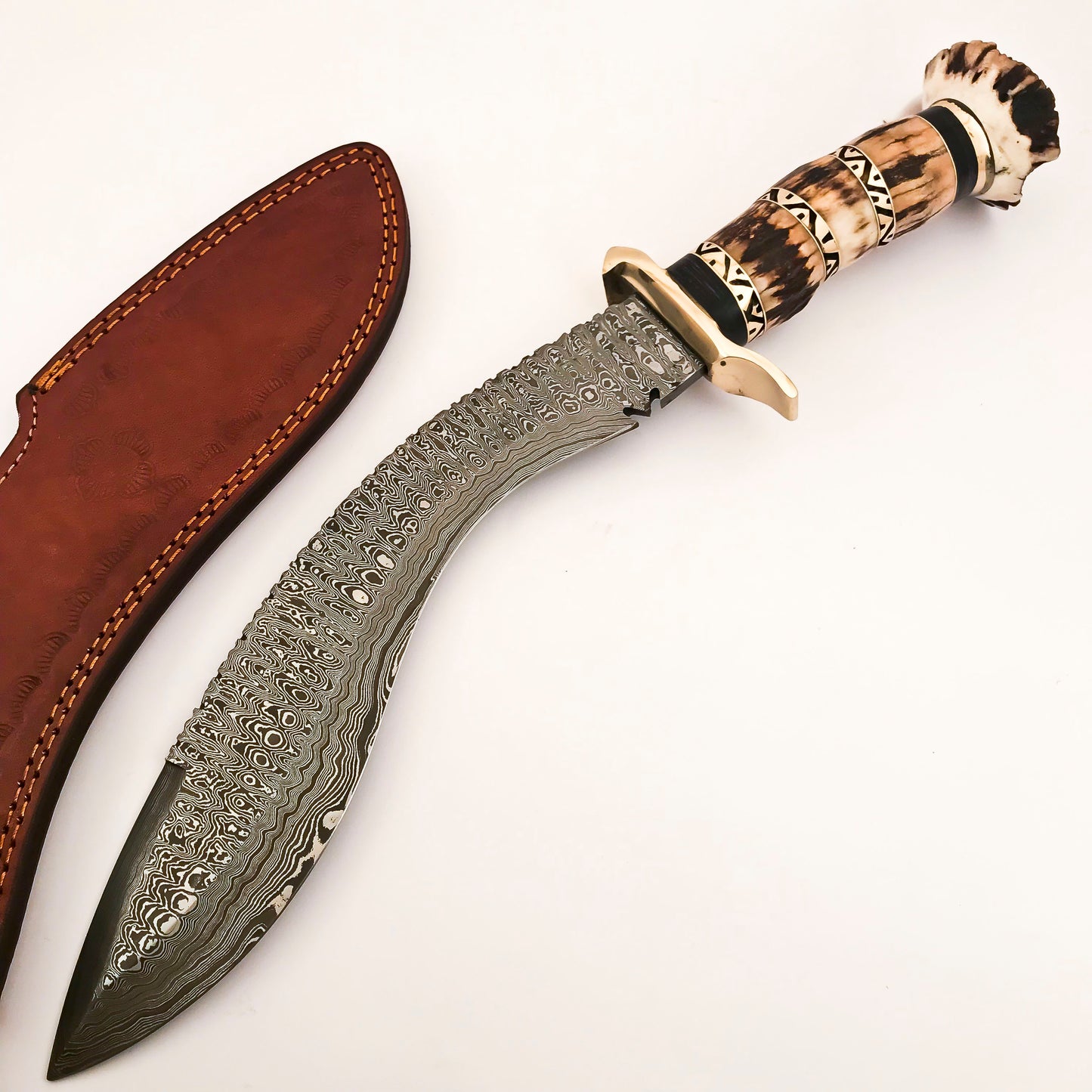 Damascus Steel Kukri Knife with Stag Horn